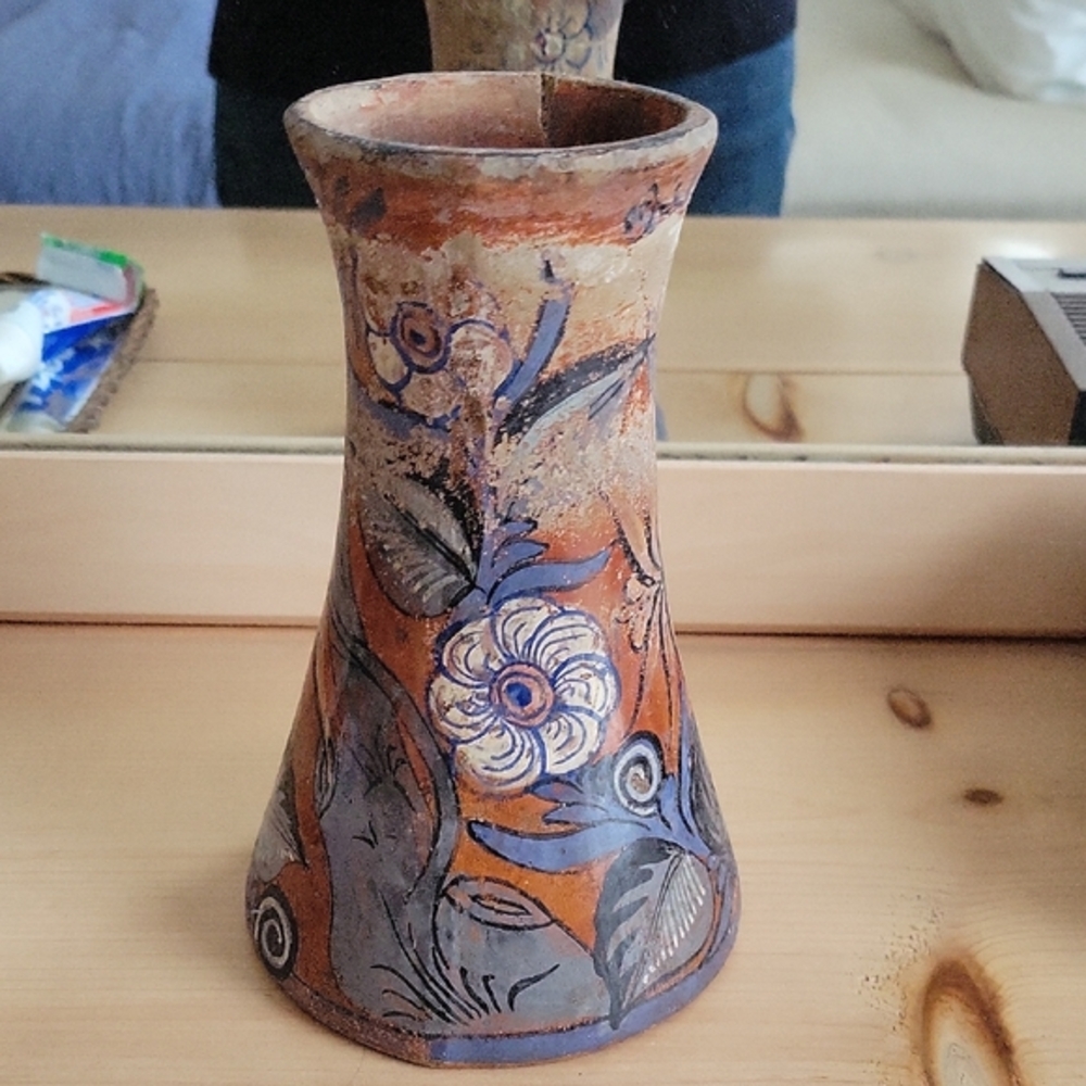 Vintage Red Clay Pottery Vase - Multicolor
